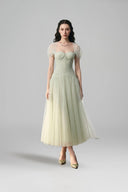 LINH PHUNG • Viridia Laurel Green Draped Tulle Corset Midi Dress