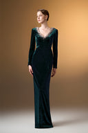 IHF ATELIER • Royal Pearl-Embellished Grain Velvet Column Evening Gown
