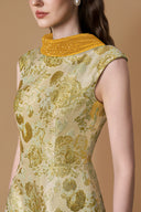 Verdara Green Metallic Jacquard Deconstructed Collar A-Line Gown for women, from IHF ATELIER, The Viet Concept