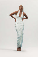 Sculpted White Drape Halter Gown With Ruched Silhouette for women, from DAS LA VIE, The Viet Concept 
