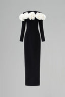 Luxury Black Column Evening Gown With Draped Rose Neckline for women, from IHF ATELIER, The Viet Concept