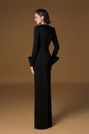 Black Crepe Column Gown With Crystal Neck & Turn-Up Cuffs for women, from IHF ATELIER, The Viet Concept 