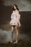 LINH PHUNG • Calla Blush Pink Corset Mini Dress with Off-Shoulder Puff Sleeves