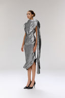 Selenophile Metallic Satin Lamé Draped Cowl Neck Dress for women, from SORAMAME, The Viet Concept