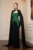 Dark Green Lace Column Gown With Silk Cape for women, from IHF ATELIER, The Viet Concept 