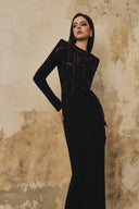 L' SCARLETT • Heart-Beaded Long-Sleeve Front-Slit Crepe Maxi Dress