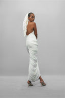 Sculpted White Drape Halter Gown With Ruched Silhouette for women, from DAS LA VIE, The Viet Concept 