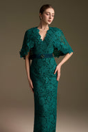 Blooming Rose Lace V-Neck Column Gown With Mini Cape Sleeves for women, from IHF ATELIER, The Viet Concept 
