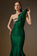 IHF ATELIER • Emerald & Grey Taffeta Draped Crystal Mermaid Gown