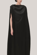 Black Quyen Trapezoid Boat Neck Satin Maxi Dress for women, from TINH, The Viet Concept 