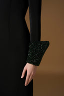 Black Crepe Column Gown With Crystal Neck & Turn-Up Cuffs for women, from IHF ATELIER, The Viet Concept 