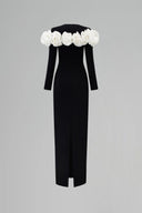 Luxury Black Column Evening Gown With Draped Rose Neckline for women, from IHF ATELIER, The Viet Concept