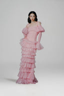 Vespera Rose Pink Smocked Chiffon Maxi Dress with Sheer Puff Sleeves for women, from LINH PHUNG, The Viet Concept