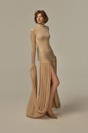 Cascade Beige Jersey Draped Full-Length Set for women, from POEM, The Viet Concept