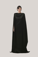 Black Quyen Trapezoid Boat Neck Satin Maxi Dress for women, from TINH, The Viet Concept 