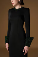 Black Crepe Column Gown With Crystal Neck & Turn-Up Cuffs for women, from IHF ATELIER, The Viet Concept 