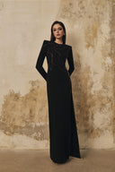 L' SCARLETT • Heart-Beaded Long-Sleeve Front-Slit Crepe Maxi Dress