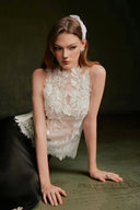 VONTIER DE MONTIER • Lace Appliquéd Satin Fishtail Maxi Skirt in Black