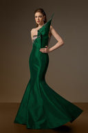 IHF ATELIER • Emerald & Grey Taffeta Draped Crystal Mermaid Gown