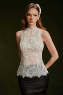 VONTIER DE MONTIER • Sheer Floral Appliqué Lace High-Neck Top in Ivory