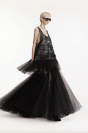 SORAMAME • Gunmetal Silver Parallax Floral Sequin Ruffle Tunic Top