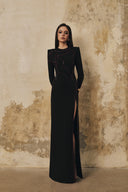 L' SCARLETT • Heart-Beaded Long-Sleeve Front-Slit Crepe Maxi Dress