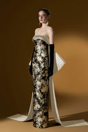 Gold & Black Floral Jacquard Strapless Bustier Column Gown with Bow for women, from IHF ATELIER, The Viet Concept