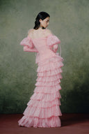 Vespera Rose Pink Smocked Chiffon Maxi Dress with Sheer Puff Sleeves for women, from LINH PHUNG, The Viet Concept