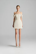 Ivory Corset Mini Dress with Ruffled Sleeves and Crystal Embellishment for women, from IHF STUDIO, The Viet Concept 