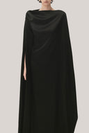 Black Quyen Trapezoid Boat Neck Satin Maxi Dress for women, from TINH, The Viet Concept 