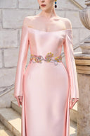 TRACY COUTURE • Off-Shoulder Crystal Embellished Flap Taffeta Maxi Gown
