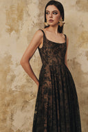 L' SCARLETT • Flared Crystal-Beaded Glitter Lace U-Neck Maxi Dress