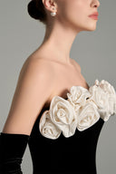 IHF STUDIO • Off Shoulder Velvet Column Gown with Handmade Rosette Appliqués