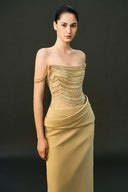 EEGEN STUDIO • Beige Beaded Fringe Column Dress with Draped Hip