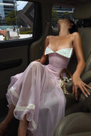 HUELLEY ROSE • Liane Blush Pink Silk Organza Bow-Bodice A-Line Maxi Dress
