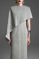 GVLUX • Diagonal Fallen Cape & Sided Stone Chains Straight Dress