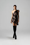 Afterimage Copper Asymmetrical One-Shoulder Brocade Mini Dress for women, from SORAMAME, The Viet Concept
