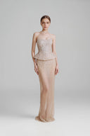 DO LONG • Nude Strapless Crystal Embellished Peplum Gown