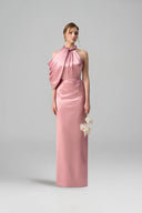 Pink Satin Silk Asymmetric Pleated Halter Gown for women, from IHF ATELIER, The Viet Concept