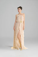 LINH PHUNG • Ivoria One-Shoulder Floral Lace Evening Gown with High Slit in Ivory