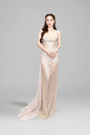 DO LONG • Floral Nude Draped Evening Gown