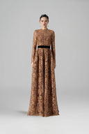 Brown Guipure Lace & Lyon Velvet A-Line Floor-Length Gown for women, from IHF ATELIER, The Viet Concept 