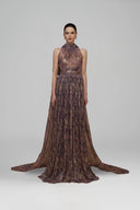 Bottle Neck Purple Tie-Dye Metallic Chiffon A-Line Gown Ruffle Train for women, from IHF ATELIER, The Viet Concept 