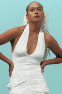 Sculpted White Drape Halter Gown With Ruched Silhouette for women, from DAS LA VIE, The Viet Concept 