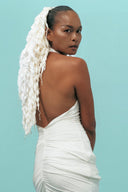 Sculpted White Drape Halter Gown With Ruched Silhouette for women, from DAS LA VIE, The Viet Concept 