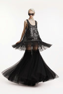 SORAMAME • Gunmetal Silver Parallax Floral Sequin Ruffle Tunic Top