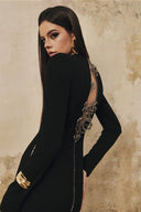 L' SCARLETT • Black Crystal Floral Open-Back Crepe Maxi Dress