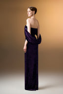 IHF ATELIER • Azure Grace Strapless Pleated Sleeve Column Gown In Blue Grain Velvet