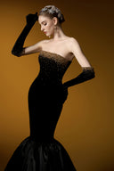 Black Lyon Velvet Strapless Bustier Ruffled Hem Ballgown for women, from IHF ATELIER, The Viet Concept 