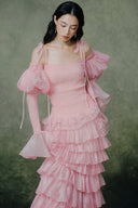 Vespera Rose Pink Smocked Chiffon Maxi Dress with Sheer Puff Sleeves for women, from LINH PHUNG, The Viet Concept